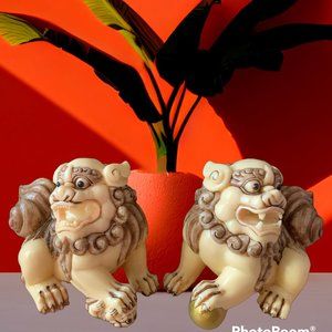 Vintage Chinese Foo Dogs Ivory Resin Guardian Lions